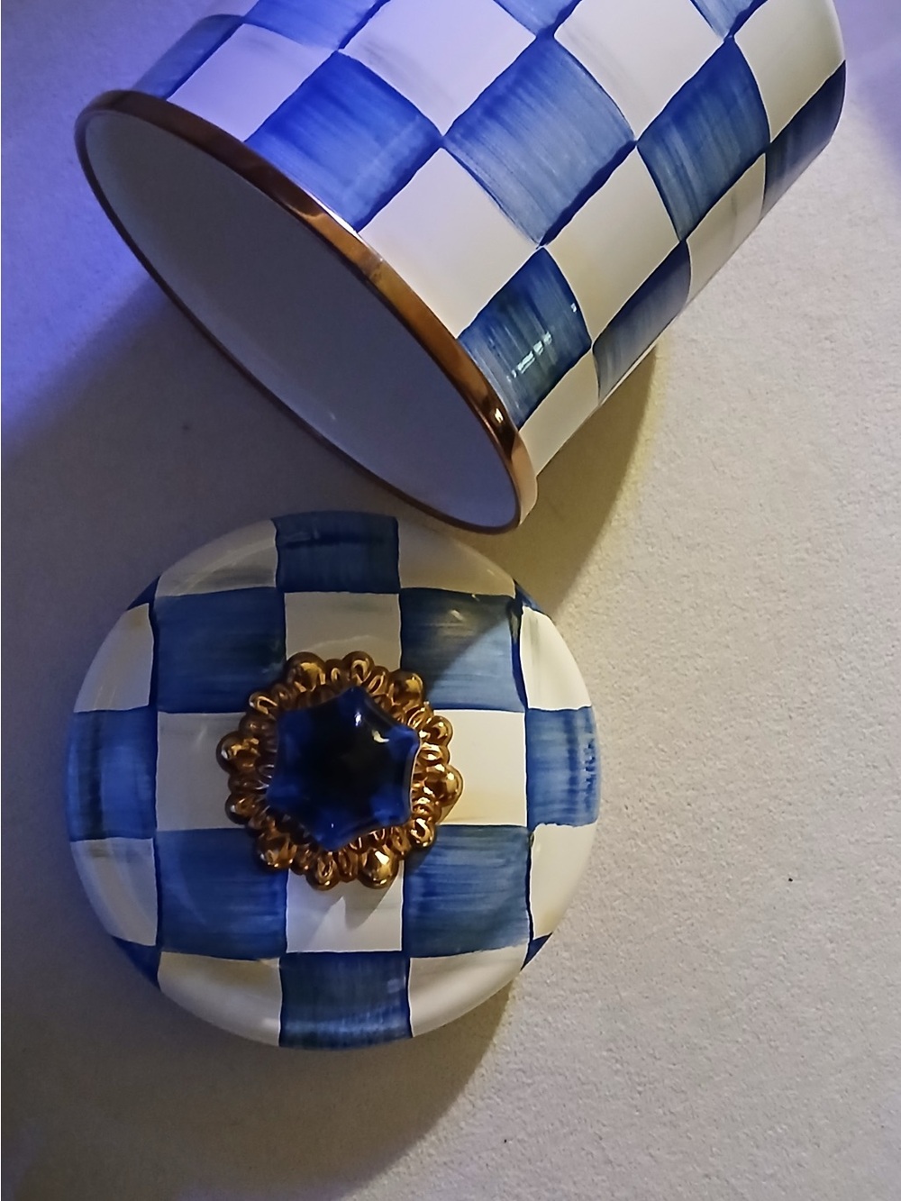 MacKenzie-Childs Blue and White Checked Ceramic with Brass Plaque - Picture 2 of 8
